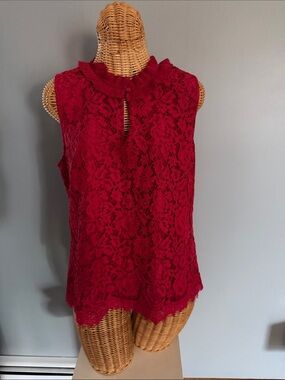 J. Crew Red Sleeveless Lace Shell with Ruffled Collar